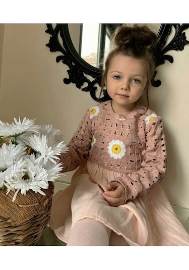 Kız Çocuk Çiçek Desenli Kroşe Müslin Pamuklu Prenses Hediye Doğum Günü Şık Elbise Pembe