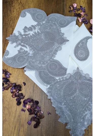 26 Parça Keten Zambak Masa Örtüsü Takımı Krem Gri Krem - Gri