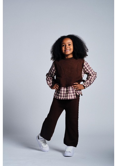 Ekose Gömlekli Kahve Triko Takım Kahverengi