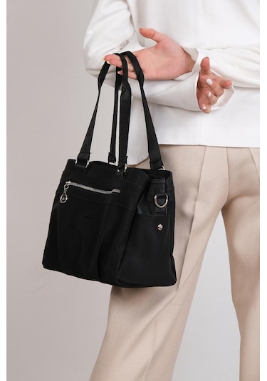 Kadın Omuz Çantası Saten Kumaş 35 25 Cm Çapraz Askılı Postacı Çanta Mega Bag Vegan Deri Kol Çantası Siyah