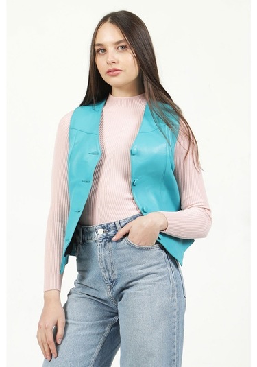 Dericlub Dc-001 Hakiki Deri Kadın Yelek Turkuaz