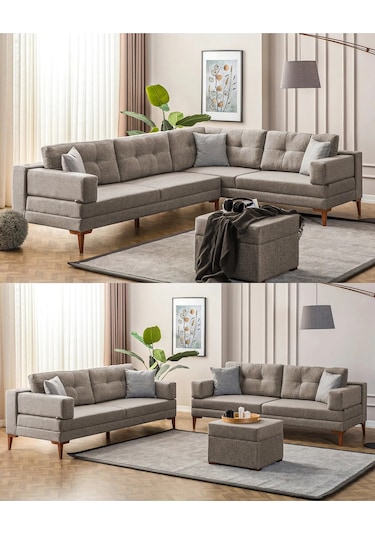 Zeri Yataklı Puzzle Modüler Köşe Koltuk Takımı & Puflu Köşe Takımı - Sütlü Kahve-151 Sütlü Kahve