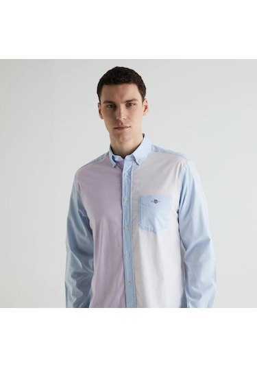 Gant Erkek Mavi Regular Fit Klasik Yaka Renk Bloklu Gömlek-mavi Mavi