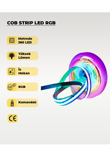 12v Cob Şerit Led Rgb - Kumandalı - Metrede 360 Led - 5 Metre 5 METRE