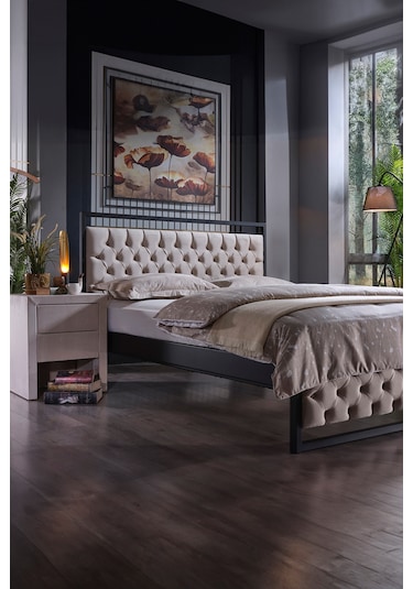 Mithra Çift Kişilik Metal Karyola Krem Ahşap Latalı