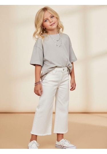 Zekids Kız Çocuk Pamuklu Paçaları Püsküllü Pantolon-16677 Beyaz