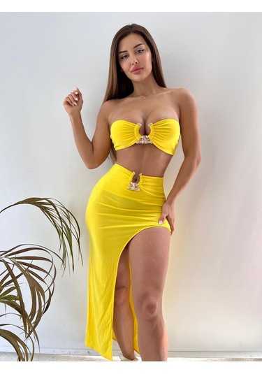 Pink Life Sarı Sandy Kumaş Tokalı Büstiyer Ve Etekli Ikili Takım-Sarı