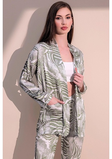 Kadın Haki Safari Desen Yeni Moda Saten Çift Cepli Salaş Kimono Ceket - Tesettüre Uygun Haki
