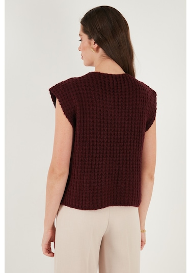 Lela Premium Oversize Fit Bisiklet Yaka Düğmeli Örgü Bayan Yelek 680Yl1416 Bordo