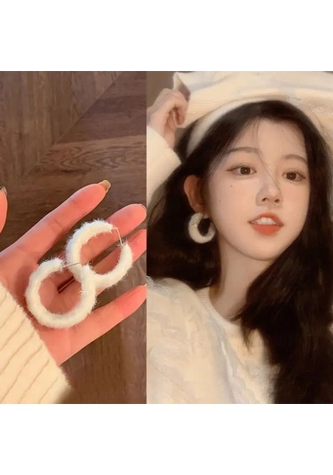 Peluş Hoop Küpeler Kadınlar İçin Kürklü Beyaz Yuvarlak Hoop Beyaz