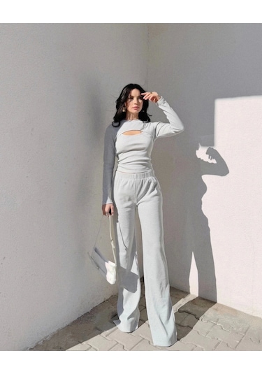 Pencereli Detaylı Alt Üst Takım Gri W3864 Gri