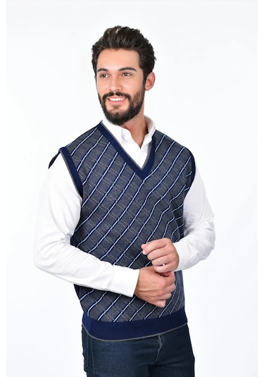 Kamalı Lacivert Erkek Çelik Örgü Ekose Desenli Kalın Triko V Yaka Triko Örgü Tüylenmez Süveter Regular Lacivert