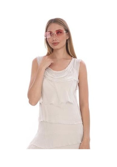 Italyan 2 Beden İnce Gösteren Kat Kat Kolsuz Ipek Elbise-8769 Ekru