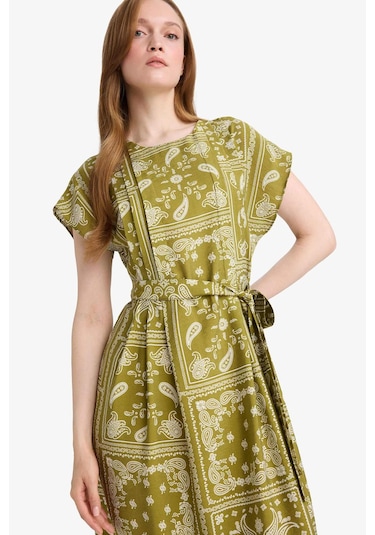 Defacto A Kesim Yuvarlak Yaka Desenli Kısa Kollu Midi Elbise F4770ax25aukh255 Haki