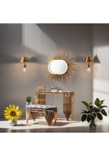 Ekgconcept Piyano Model Lüx Dresuar Gold Elips Ayna Ve Puf Gold