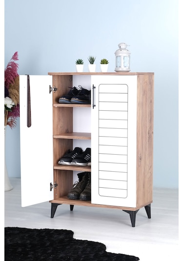 Luna 2 Kapaklı 4 Bölmeli Modern Ayakkabılık - Beyaz / Çam Desenli