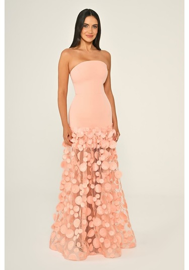 Krep Eteği 3 Boyutlu Tül Uzun Abiye Elbise Alfa Beta B7067 Somon
