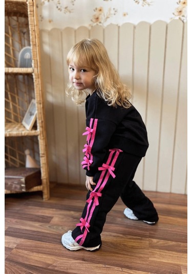 3-10 Yaş Fiyonklu Kız Çocuk Eşofman Takımı Siyah Siyah