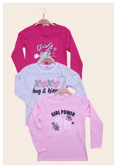 3'lü Stop-hug And Kisses-girl Power Baskılı Kız Çocuk Uzun Kol Fuşya-gri-pembe Sweatshirt Çok Renkli