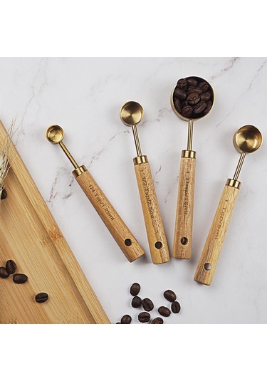 Dinosaurs 4 Parça Paslanmaz Çelik Kaşık Seti - Altın Ahşap