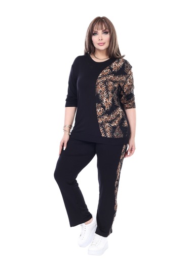 Melsay Butik Siyah Truvakar Kol Yarım Başak Garnili Viskon Büyük Beden Takım Siyah