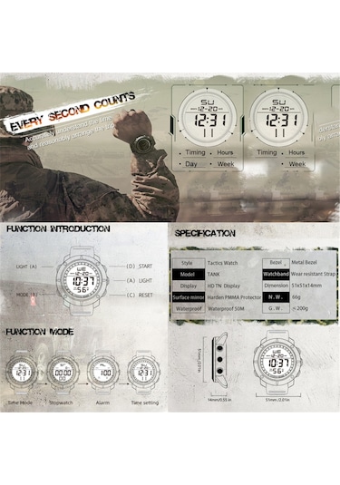 Erkek Dijital Saatler Dünya Saati Alarm Spor Kronometre Erkek Su Geçirmez 50m Kol Saati-tank Diğer