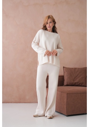 Kadın Bisiklet Yaka Düşük Kol Kazak Pantolon İkili Triko Takım Taş