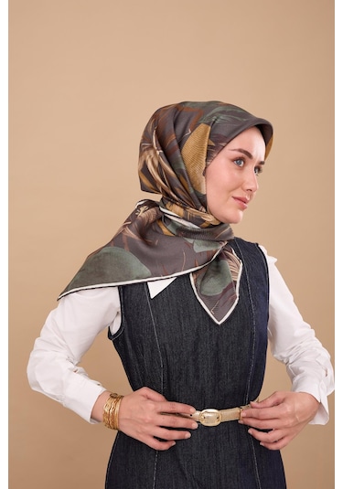 Silk Home Twill İpek Eşarp 11480-61 Petrol Yeşili, Krem, Yeşil, Koyu Vizon