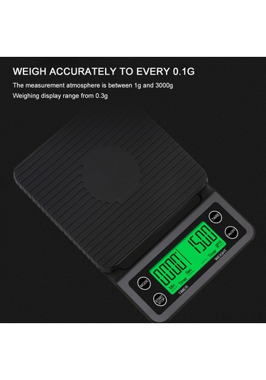 Kosona Kahve Hazırlama Zamanlayıcı Dijital Terazi - 0.1g Hassasiyetli, 3kg Yük Kapasitesi, Siyah Reçine-silikon Malzeme Siyah