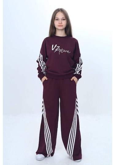 Kız Çocuk %100 Pamuk Şeritli Oversize 2 İplik Alt&üst Eşofman Takımı-305-eşt-0009 MÜRDÜM