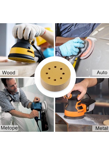 Sones 100 Adet / Kutu 5 İnç 8 Delikli Yuvarlak Disk Zımpara Kağıdı 125mm Sarı Kum Floklama Kağıdı, Kum: P80
