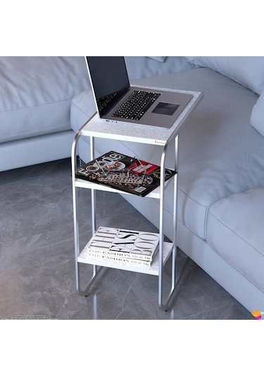 Modilayn C Yan Sehpa Dar Boy Tekerlekli Çalışma, Atıştırmalık, Yemek, Laptop Sehpası Beyaz Desenli Beyaz
