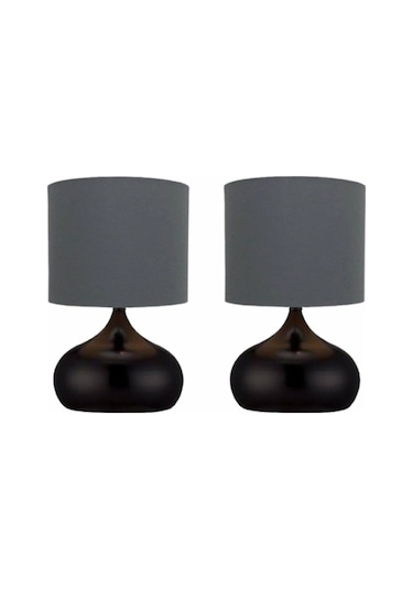 2 Adet Gri Kumaş Şapkalı Metal Ayaklı Elips Modelli Masa Konidin Yatak Odası Abajuru Gri-siyah