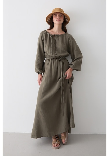 Çağla Bağlama Detaylı Müslin Elbise - 2004 Çağla