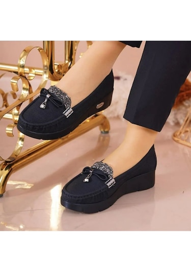 Konfores 086 Anatomik Tabanlı Bayan Dolgu Topuk Günlük Ayakka Siyah