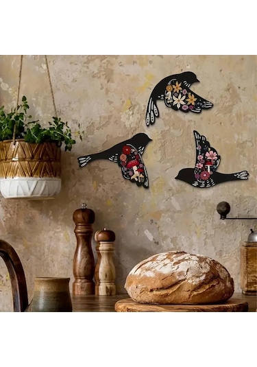 Cajuart Dekoratif Üçlü Siyah Çiçek Motifli Kuşlar Ahşap Duvar Dekoru Tablo Süs