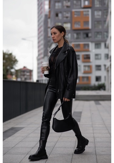 Dericlub Wm30 Oversize Biker Hakiki Deri Kadın Mont Siyah