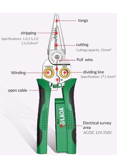 Tongxida 8-in-1 Elektrik Tel Sıyırma Pencesi, 12v-250v, Awg 18-4.0mm², Kompakt, Elektrikçiler İçin