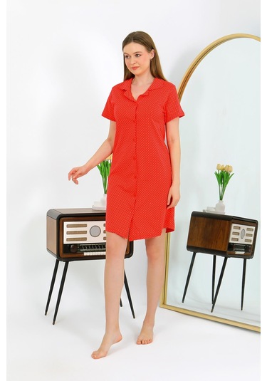 Akbeniz Kadın Pamuk Penye Kısa Kol Düğmeli Kırmızı Tunik Gecelik 13112 Kırmızı