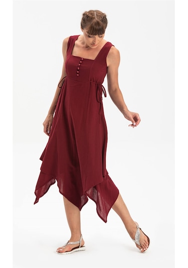 Kolsuz Şile Bezi Üçgen Katlı Midi Boy Elbise Bordo Brd Bordo