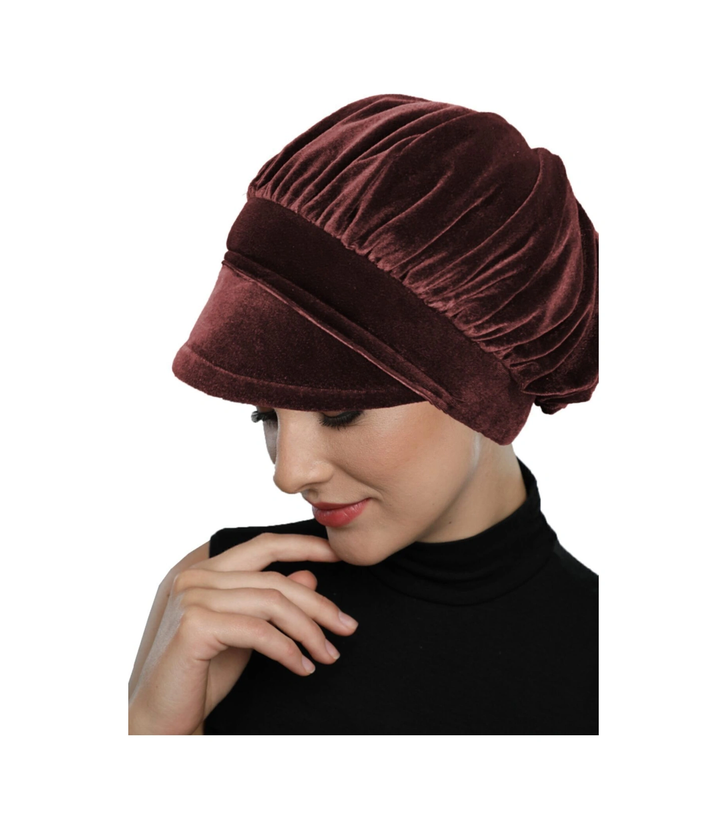 Kadife Şapka Toka Detaylı Kahve Hazır Türban Tesettür Bone Kahve