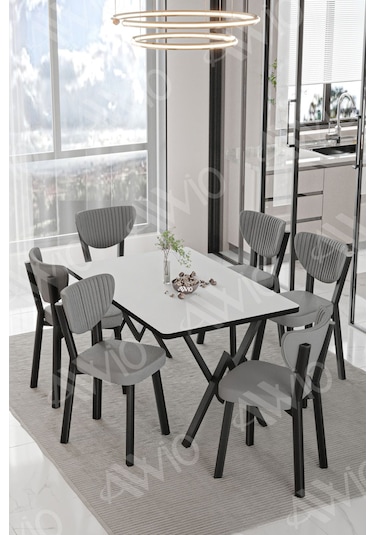 Avvio Elma Sandalye 80x140 Yemek Masası Mutfak Masası 6 Kişilik Masa Sandalye Takım Beyaz