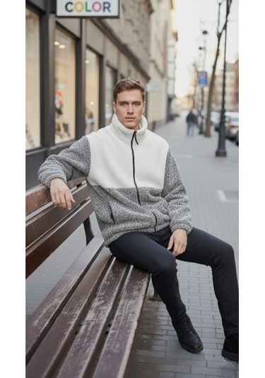 Premium Kalite Renk Bloklu, Fermuarlı, Dik Yaka, Sherpa, Polar, Peluş Ceket Gri - Beyaz