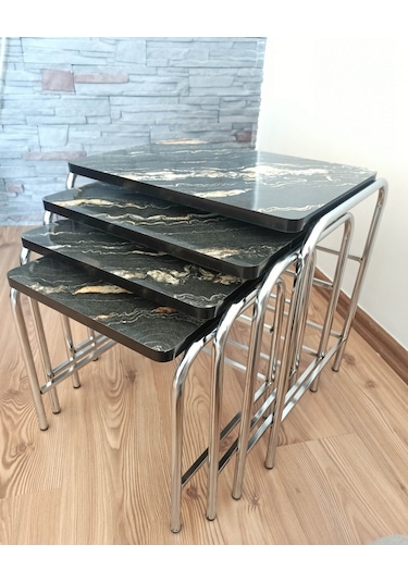 Angelo Black Marble Design 4'lü Zigon Sehpa Metal Krom Nikel Ayaklı E1 Guaranteed Mermer