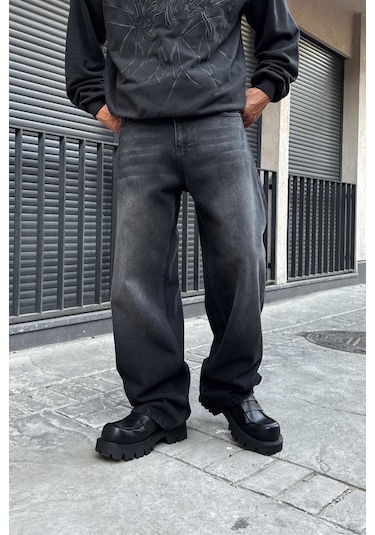 Flaw Eskitme Detay Çizgili Baggy Jean Siyah Siyah