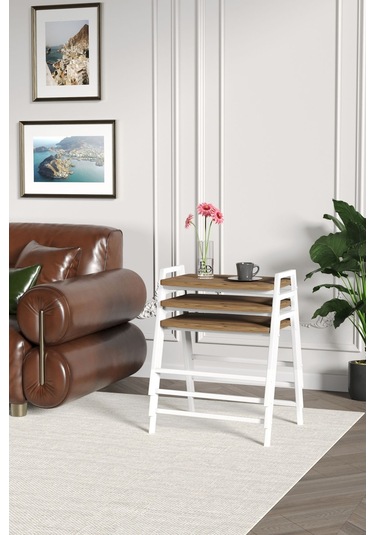 Zigon Sehpa , Aden 3'lü Tepsi Zigon Sehpa Takımı Beyaz Metal - Atlantik Çam Tabla Beyaz-atlantik Çam