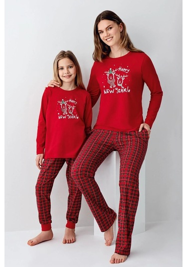 Arnetta 3514 Anne&kız Uzun Kollu Bisiklet Yaka Pijama Takımı-kırmızı Kırmızı