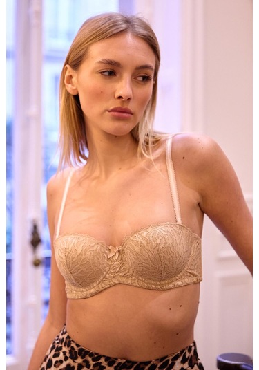 Amy Ten Balenli Dantelli Dolgusuz Pedli Toparlayıcı Straplez Sütyen Ten