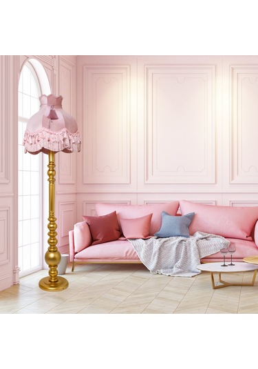 Vintage Ahşap Gold Ayak Pudra Pembe Lambader Püskül Süsleme 170x45cm Lm10422 Pembe