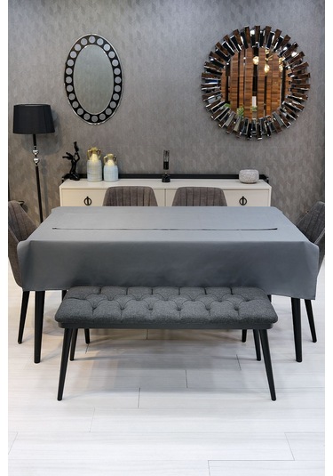 Dream 8 Parça Masa Örtüsü Seti Çeyiz Seti Salon Masa Örtüsü, Runner, 6'lı Peçete Füme